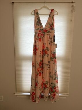 Lulu's Blush Floral V-Neck Maxi Dress with Red Rose Print Size Medium NWT